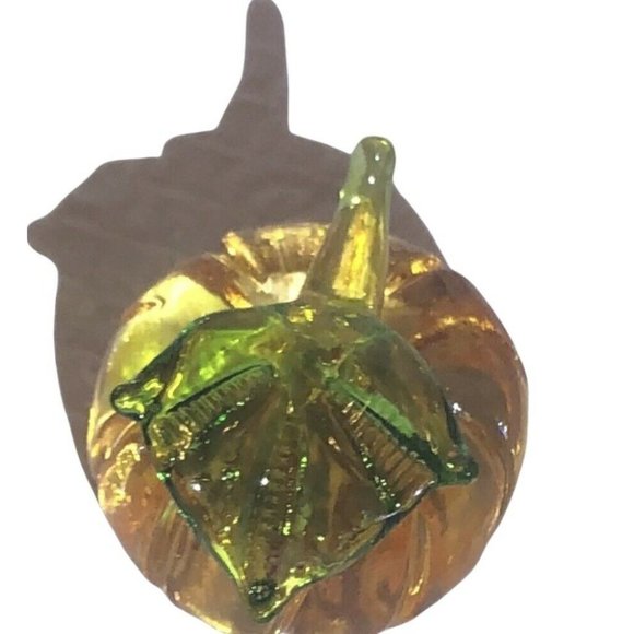 Hand Blown Art Glass Orange 1”x1.25” pumpkin Green Stem Paperweight Decor VTG - Picture 3 of 9